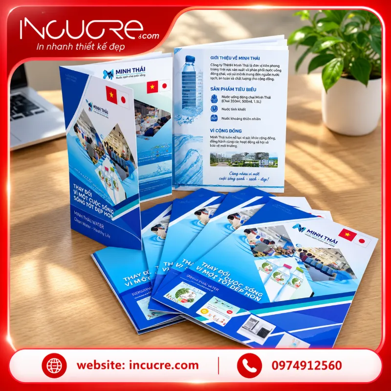 Brochure Minh Thái trên bàn gỗ